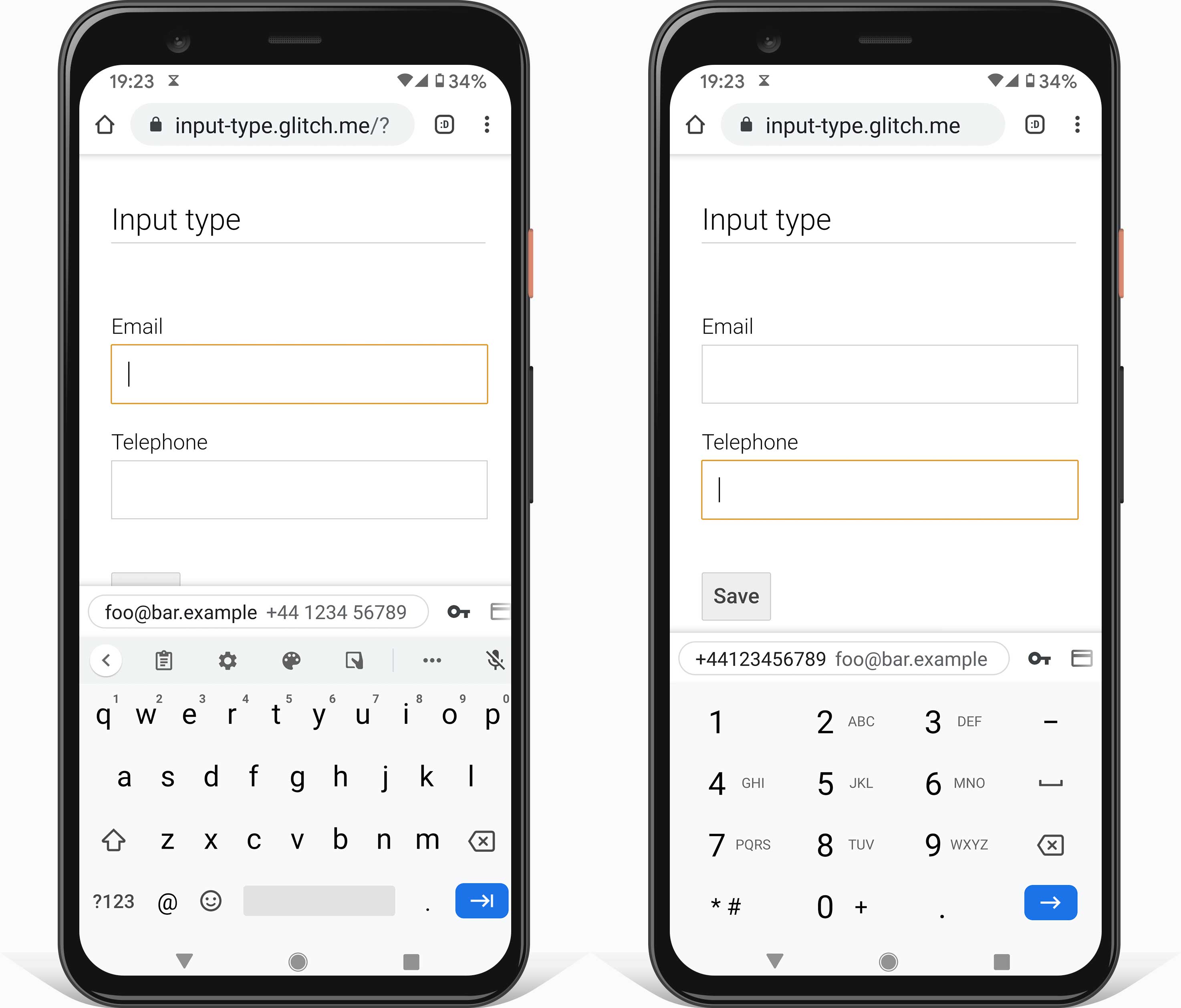 لقطتان للشاشة من هاتفَي Android تعرضان لوحة مفاتيح مناسبة لإدخال عنوان بريد إلكتروني (باستخدام type=email) ولإدخال رقم هاتف (باستخدام type=tel).